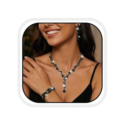 Silver Wedding Jewelry Sets Rhinestone Necklace Earrings Bracelet Set Prom Formal Costume Jewelry for Women and Brides - color: Black