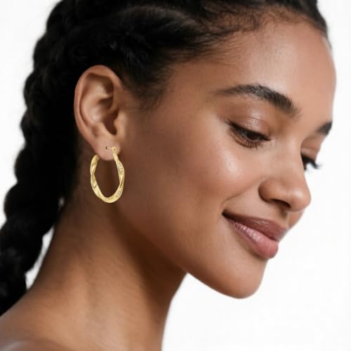 Hoop Earrings 14K Gold Plated Earrings for Women Thick Large Diamond Hoops Earring Twisted Wave Huggie Earring 30/40MM - size: 40MM