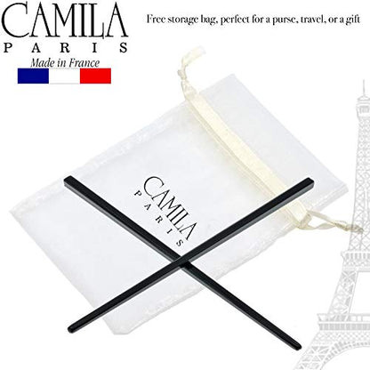 Camila Paris AD27/2 French Twist Stick Hair Pin, Set of 2 Black, Girls Chopsticks Hair Pins for Girls Spiral Updo Chignon Bun Holder, Styling Hair Accessories for Women, Made in France - color: Black