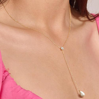 Ritach Pearl Necklaces for Women - Real Gold Plated Dainty Pearl Necklace Daisy Round Drop Pearl Choker Necklace Layered Gold Necklace for Women Teen Girls Bridesmaid Wedding Birthday Gifts - style: Gold-Y-shaped Pearl with CZ