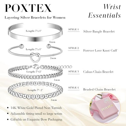 925 Sterling Silver Bracelets for Women Stack, Trendy Tennis Bangle Cuff Jewelry Set 14K Gold Plated, Adjustable Bracelet Set for Wrist Essentials, Women Fashion Watch Band Acecessories - style: Braccelet_4pcs_03Silver