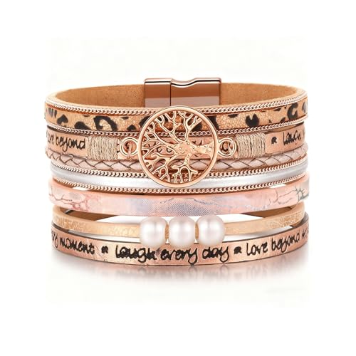 Leather Wrap Bracelets for Women, Boho Leopard Multi-Layer Crystal Beads Cuff Jewelry - color: J-Warp-004