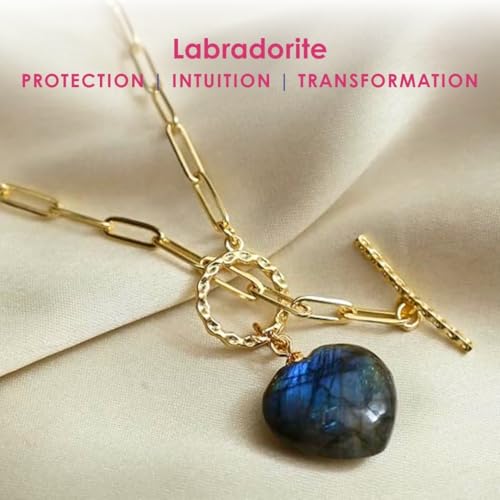 Gempires Gemstone Heart Pendant Necklace for Women, Gold Toggle Birthstone | Handmade gemstone heart pendant necklace — choose from 11 stones and birthstones, gold toggle paperclip chain. - color: Labradorite