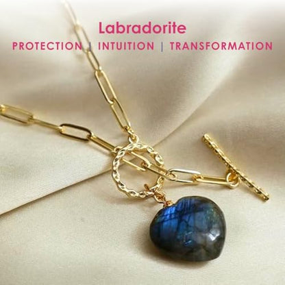 Gempires Gemstone Heart Pendant Necklace for Women, Gold Toggle Birthstone | Handmade gemstone heart pendant necklace — choose from 11 stones and birthstones, gold toggle paperclip chain. - color: Labradorite