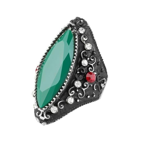 Vintage Green Gemstone & Red Crystal Statement Ring, Black Silver-Tone Band with Large Teardrop Stone Cocktail Rings, White/Red Crystal Accents Boho Ring,Gothic Retro Accessory Jewelry