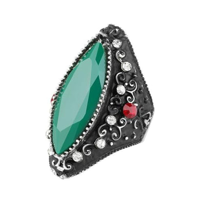 Vintage Green Gemstone & Red Crystal Statement Ring, Black Silver-Tone Band with Large Teardrop Stone Cocktail Rings, White/Red Crystal Accents Boho Ring,Gothic Retro Accessory Jewelry