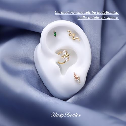 G23 Titanium 16G Tragus Conch Piercing Jewelry Flat Back Stud Earrings | Hypoallergenic CZ Nose Dangle Helix Medusa Lip Labret Body Piercing Jewelry, 14K Gold Plated, Silver, 6 and 8 mm Post Length - color: Majesty-14K Gold