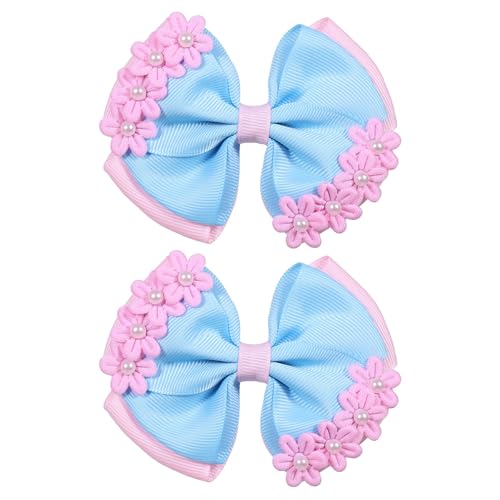 2 Pcs 4" Pink Pearl Flower Hair Bows Clip for Girls Blue Grosgrain Ribbon Bowknot Alligator Hairpins for Toddler Teens Kids Birthday Wedding School Summer Floral Dress Accessories - color: Pink Blue