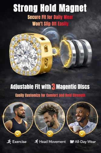 Magnetic Earrings for Men 5A Cubic Zirconia Stainless Steel Clip On Earring | 2 Pairs Fake Earrings Non Pierced Magnet Nose Stud Piercings for Women, 5/6/7/8MM Simulated Diamond, Gold/Silver/Black Color - color: Gold-Style One-7mm