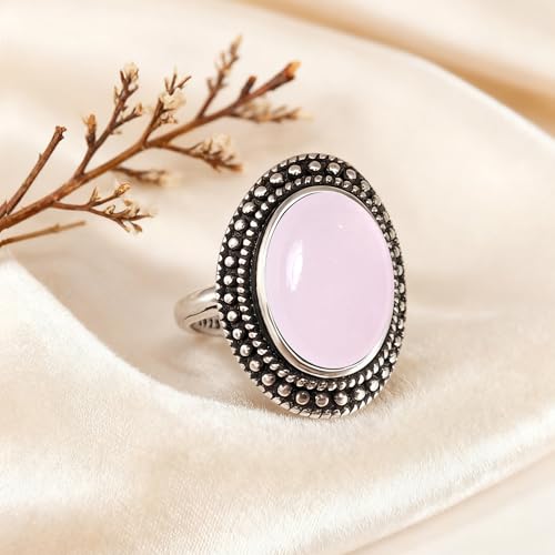 Retro Sterling Silver Stone Ring,Antique Natural Real Oval Crystal Quartz Gemstone Boho Bohemian Ring Jewelry for Women - color: A19_Pink Agate