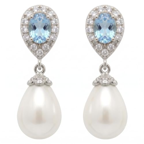 Mariell Pearl Bridal Wedding Drop Earrings with CZ Crystals for Brides, Bridesmaids, Birthday Gift - color: Silver Clip On - Blue Cubic Zirconia