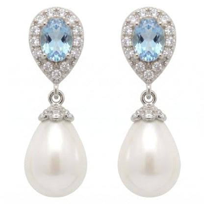 Mariell Pearl Bridal Wedding Drop Earrings with CZ Crystals for Brides, Bridesmaids, Birthday Gift - color: Silver Clip On - Blue Cubic Zirconia