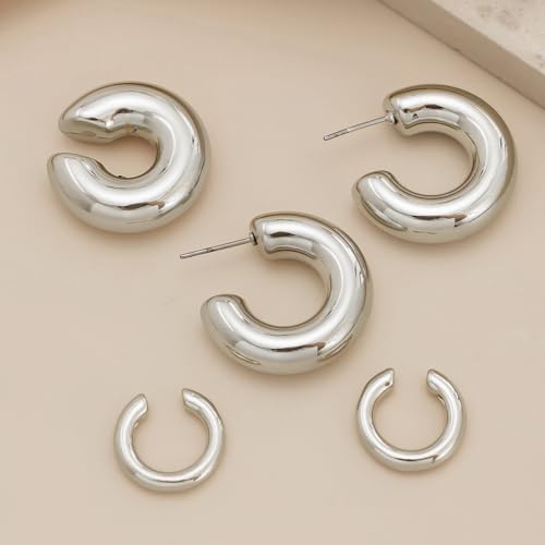 Chunky Gold Huggie Earrings Sets for Women Vinatge Non Piercing Ear Cuff Statement Earrings Personalized Large Clip On Hoop Earrings Fashion Jewelry - color: Silver