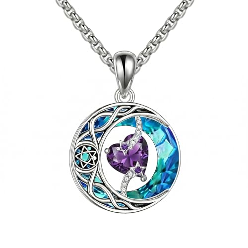 ONEFINITY Moon Star Necklace 18K White Gold Plated Celtic Moon Birthstone Pendant Necklaces Heart Birthstone Anniversary Birthday Jewelry Gifts for Women Wife Mom - style: February