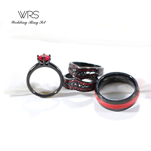 Two Rings His Hers Wedding Ring Sets Couples Matching Rings Women's 2pc Black Gold Plated Red CZ Wedding Engagement Ring Bridal Sets Men's Tungsten Carbide Band Wedding Band - color: Red, size: women's size 8 & men's size 11