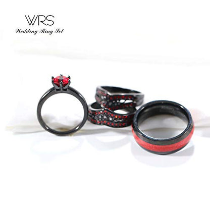 Two Rings His Hers Wedding Ring Sets Couples Matching Rings Women's 2pc Black Gold Plated Red CZ Wedding Engagement Ring Bridal Sets Men's Tungsten Carbide Band Wedding Band - color: Red, size: women's size 7 & men's size 10