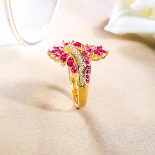 Statement Flower Ring Cocktail Leaf Ring Birthstone Anniversary Signet Ring | Hypoallergenic|14K Gold Plated|Sterling Silver Sparkling Engagement Promise Party Ring for Women, Size 6 to 10(With Box) - color: Leaf - Ruby