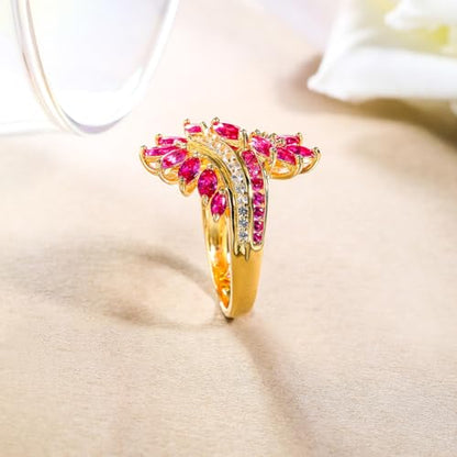 Statement Flower Ring Cocktail Leaf Ring Birthstone Anniversary Signet Ring | Hypoallergenic|14K Gold Plated|Sterling Silver Sparkling Engagement Promise Party Ring for Women, Size 6 to 10(With Box) - color: Leaf - Ruby