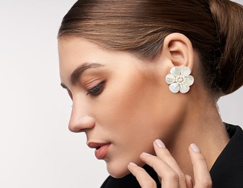 AeraVida Hand Carved White Mother of Pearl Flower Clip On Earrings Handmade Artisan Pearl Floral Statement Jewelry | Non Pierced Earrings for Women