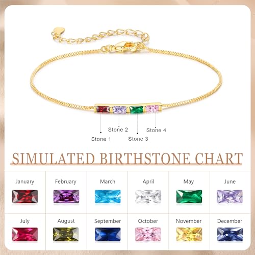 Sterling Silver Personalized 1-6 Birthstone Bracelet for Women Mothers Day Bracelet for Mom Daughter Custom Dainty Jewelry for Christmas Birthday Gift Ideas - style: Gold-4 stones