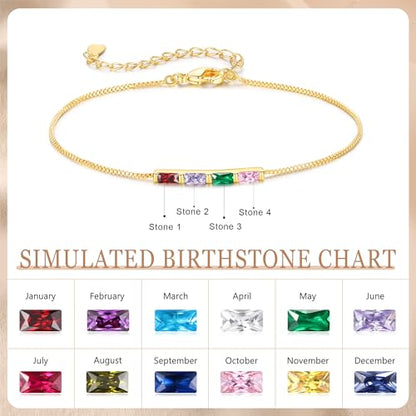 Sterling Silver Personalized 1-6 Birthstone Bracelet for Women Mothers Day Bracelet for Mom Daughter Custom Dainty Jewelry for Christmas Birthday Gift Ideas - style: Gold-4 stones