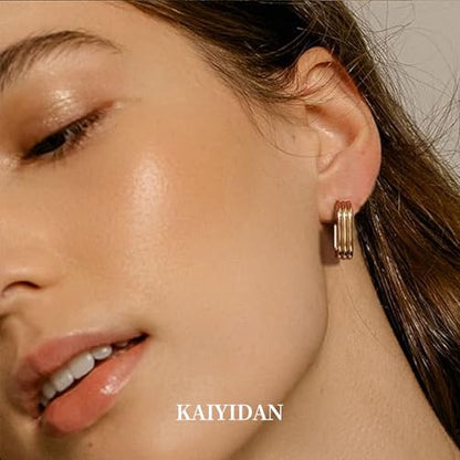 2 Pairs Gold/Silver Hoop Earrings For Women Set Trendy,14K Plated Gold Chunky Huggie Hoop Earings Pack,Oval Twisted Statement Silver Hoops,Fashion Jewelry Gift - color: 15) triple hoop