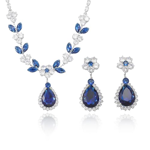 OIDIMS Elegant Teardrop Flower Leaf Wedding Bridal Jewelry Set for Women Ladies Cubic Zirconia Pendant Choker Necklace Drop Dangle Earring Fashion Evening Party Formal Costume Accessories Jewelry - color: Blue