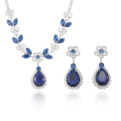 OIDIMS Elegant Teardrop Flower Leaf Wedding Bridal Jewelry Set for Women Ladies Cubic Zirconia Pendant Choker Necklace Drop Dangle Earring Fashion Evening Party Formal Costume Accessories Jewelry - color: Blue