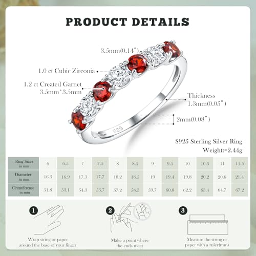 3.5mm Stackable Rings S925 Sterling Silver Created Birthstone & Cubic Zirconia Ring for Women Wedding Bands Anniversary Birthday Jewelry Size 6 to 10(with Box) - color: 01-Created Garnet & CZ-Jan