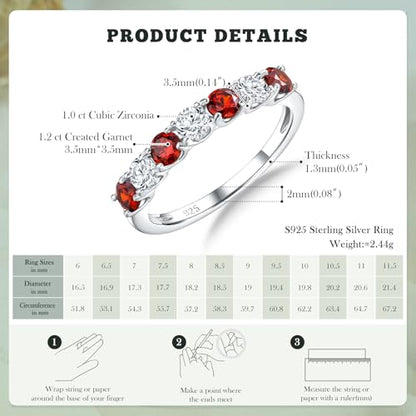 3.5mm Stackable Rings S925 Sterling Silver Created Birthstone & Cubic Zirconia Ring for Women Wedding Bands Anniversary Birthday Jewelry Size 6 to 10(with Box) - color: 01-Created Garnet & CZ-Jan