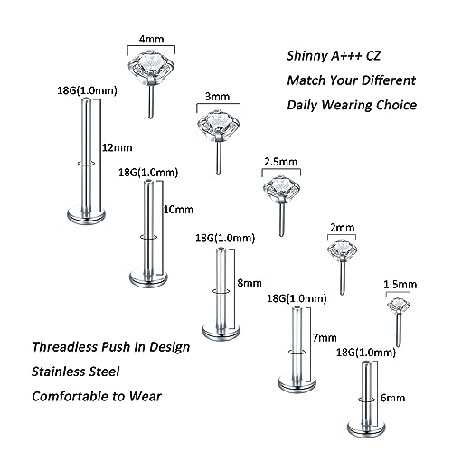 Aumeo 20G 18G 16G Threadless Push in Nose Rings Studs Surgical Steel Labret Jewelry Monroe Lip Rings Studs Medusa Ashley Piercing Jewelry for Women - color: Silver, size: 18g*6/7/8/10/12mm