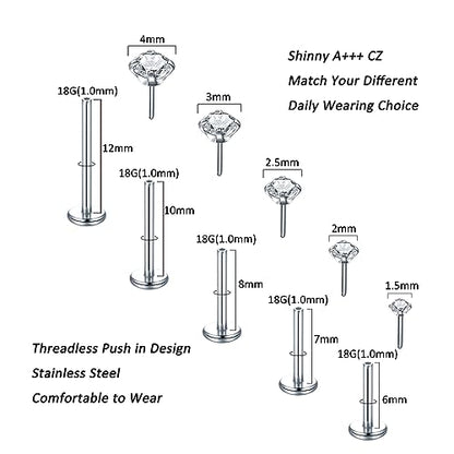 Aumeo 20G 18G 16G Threadless Push in Nose Rings Studs Surgical Steel Labret Jewelry Monroe Lip Rings Studs Medusa Ashley Piercing Jewelry for Women - color: Silver, size: 18g*6/7/8/10/12mm