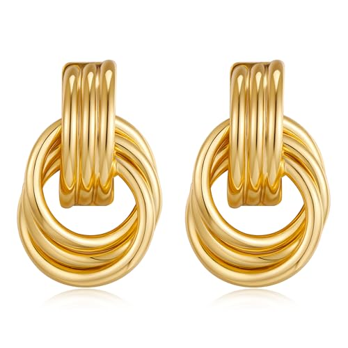 Gold Chunky Earrings for Women Geometric Knot Link Drop Dangle Earrings 14K Gold Plated Statement Earrings Trendy Gold Jewelry - color: Style 8-Gold