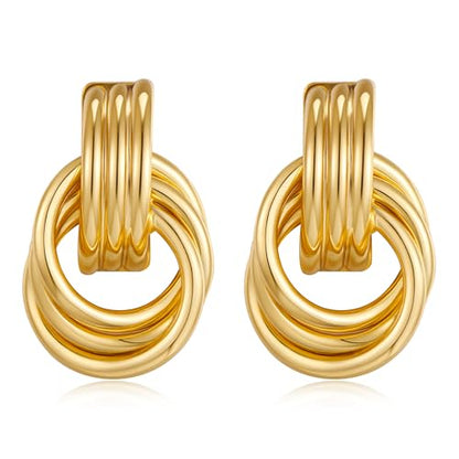 Gold Chunky Earrings for Women Geometric Knot Link Drop Dangle Earrings 14K Gold Plated Statement Earrings Trendy Gold Jewelry - color: Style 8-Gold