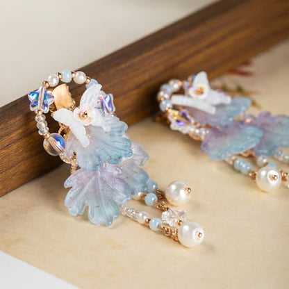 A Pair Wedding Hair Clips, Handmade Floral Design Crystal Hair Clips Pearl Barrettes, Rhinestones Flower Clips Pearl Headpieces Hair Pins Hair Accessories for Women Girls (Blue) - color: Blue