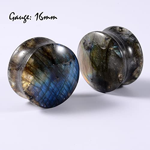 Pair Labradorite Stone Ear Flesh Tunnel Plugs Double Flared Plug Glow Stone Ear Gauges Expander - style: One Pair,5/8''(16mm)