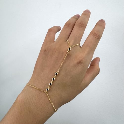 Kakikaki 925 Sterling Silver Finger Ring Bracelet Hand Chain for Women | Slave Bracelets 7" to 9" Adjustable - color: Gold, style: 5 Black
