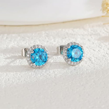 YOMELA Round Cubic Zirconia Stud Earrings for Women | Everyday Dainty, Diamond-Like Brilliance, CZ Halo Birthstone Studs, Hypoallergenic & Lightweight, Elegant & Versatile - color: Topaz Blue
