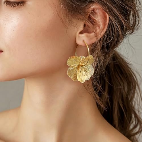 OGD Chunky Gold Statement Earrings For Women Trendy Gold Plated Sectored Flower Leaf Angel Wing Earrings Large Stud Jewlery Hypoallergenic - color: Flora Hoop-Gold