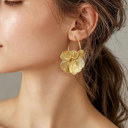 OGD Chunky Gold Statement Earrings For Women Trendy Gold Plated Sectored Flower Leaf Angel Wing Earrings Large Stud Jewlery Hypoallergenic - color: Flora Hoop-Gold