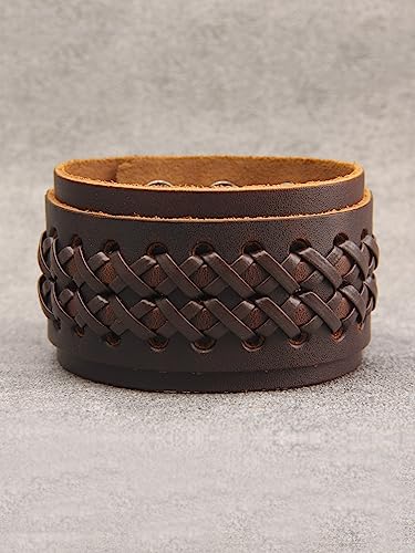 Jeilwiy Punk Leather Wristbands for Men Bracelets Handmade Wide Cuff Bangle Braided Jewelry Black Brown Adjustable - Punk Father's Gifts - color: Leather Cuff