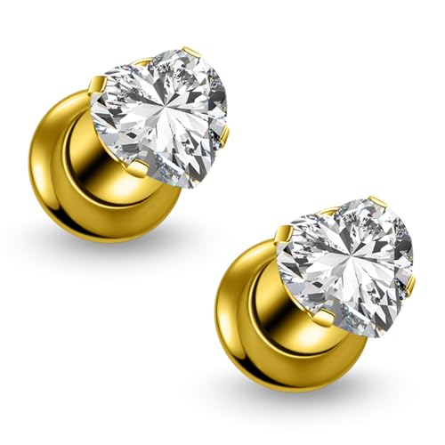 Astm F136 Titanium Heart CZ Ear Gauges Screw Fit Flesh Tunnels Plugs Gauges Earring Expander Stretcher Ear Tunnels For Ears 10G 8G 6G 4G 2G 0G 00G Plug Earrings Piercing Jewelry For Women Men - color: 10G Gauges, Gold