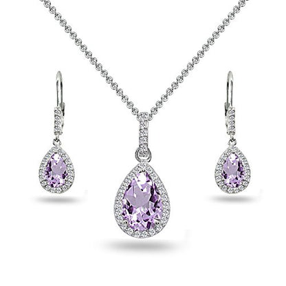 Jewelry Sets for Women, Necklace and Earring Sets for Women, Birthstone Jewelry, Genuine or Synthetic Gemstones, Teardrop Necklace and Dangle Earrings, Pendant Necklace, Sterling Silver Jewelry - color: Amethyst