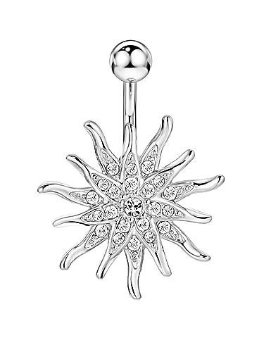 Belly Button Ring Dangle, Cross Belly Button Ring, Navel Piercing | 316L Surgical Steel, AAA+ Cubic Zirconia, Nickel-Free, Hypoallergenic, Multi-Style, 14 Gauge 10 mm Screw On Piercing Stud - style: Big Flower