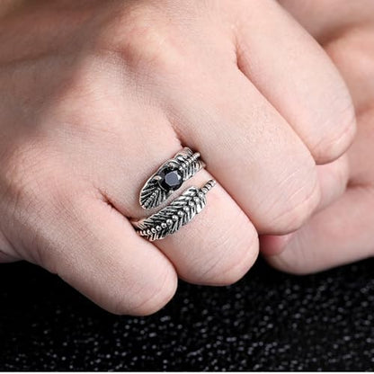 AVECON S925 Sterling Silver Turquoise/Labradorite/Just Breathe/Onyx Rings | Hypoallergenic Adjustable Open Feather Gift Women Men Thumb Spoon Statement Western Band Jewelry for Anniversary - color: Black Onyx
