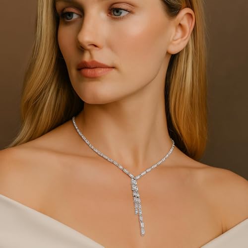 STONEFANS Long Tennis Necklaces for Women - Dainty Silver Lariat Necklace Rhinestone Y Shaped Drop Necklace Cute Choker Necklaces for Women Trendy Silver Prom Jewelry Gifts - color: Silver-Gem