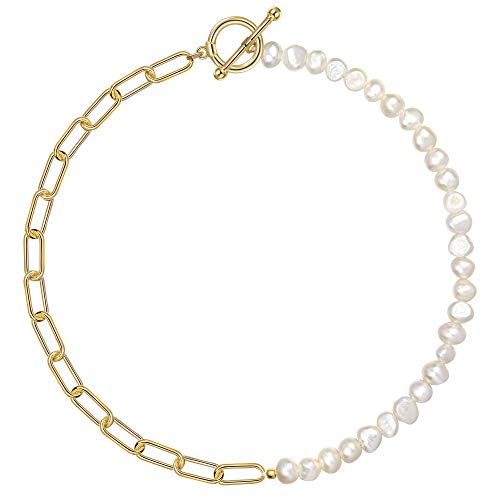 Pearl Necklace for Women Paperclip Chain Chunky Gold Necklace, Freshwater Cultured Pearls Trendy Link Chain 18K Gold Plated Dainty Pearl Choker - color: Gold Paper Clip Pearl Necklace