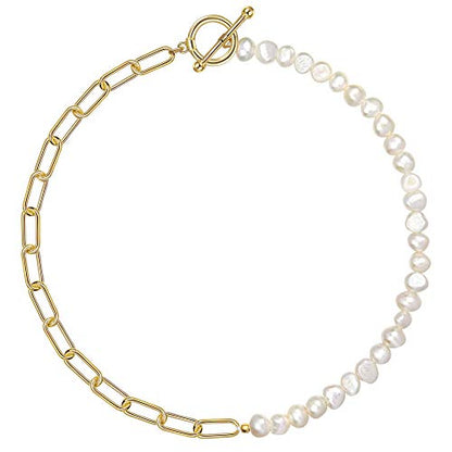 Pearl Necklace for Women Paperclip Chain Chunky Gold Necklace, Freshwater Cultured Pearls Trendy Link Chain 18K Gold Plated Dainty Pearl Choker - color: Gold Paper Clip Pearl Necklace