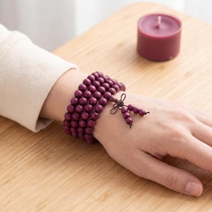 Handmade Mala Beads Bracelet 108 8mm Prayer Meditation Bracelet Sandalwood Elastic, Buddhist Beads, Prayer Mala Necklace for Men and Women Gifts - color: Violet Wood