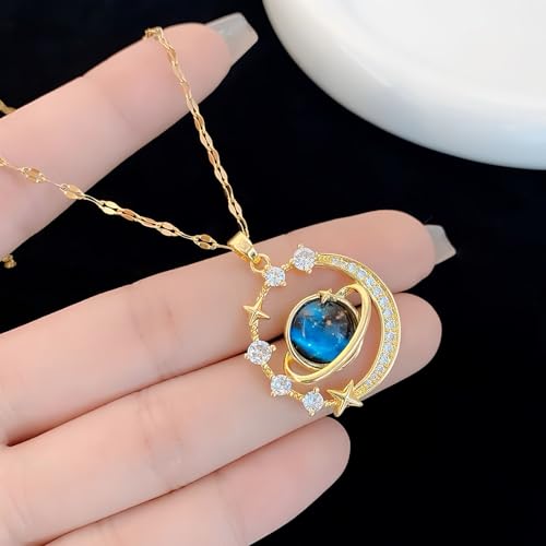 Gold Moon Star Pendant Necklace, Celestial Design with Gemstone, Great Jewelry for Women Daily Wear